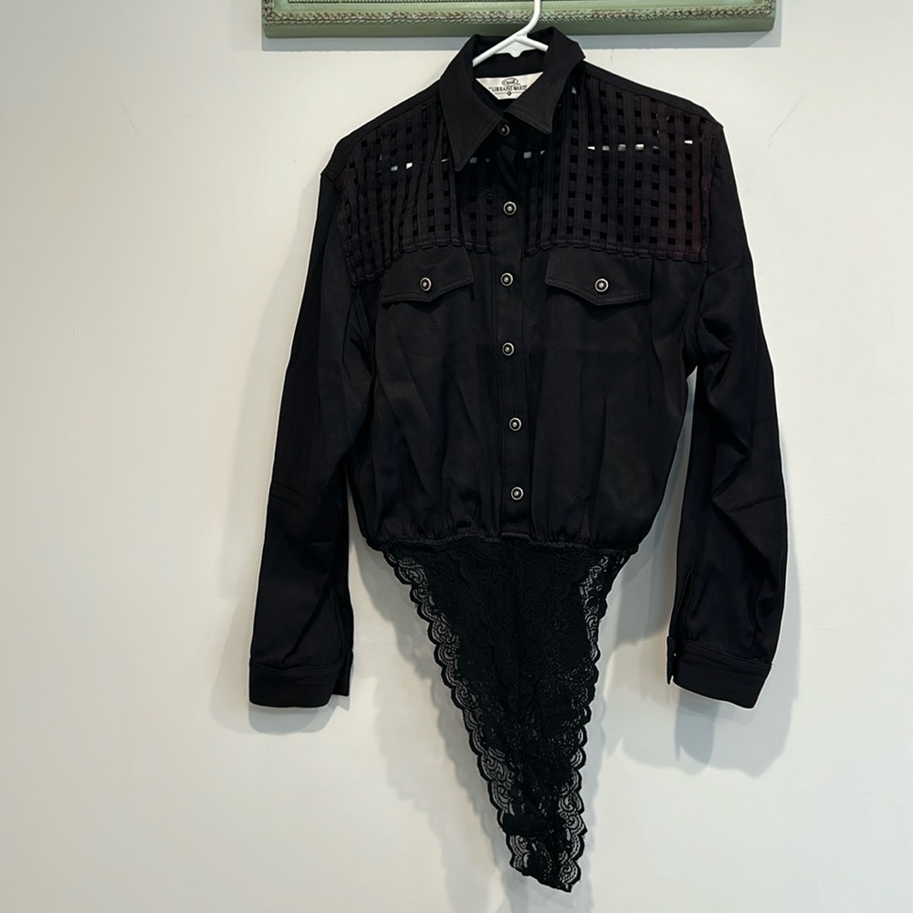 Vintage Western cage cut out upper Button down long sleeve bodysuit black large